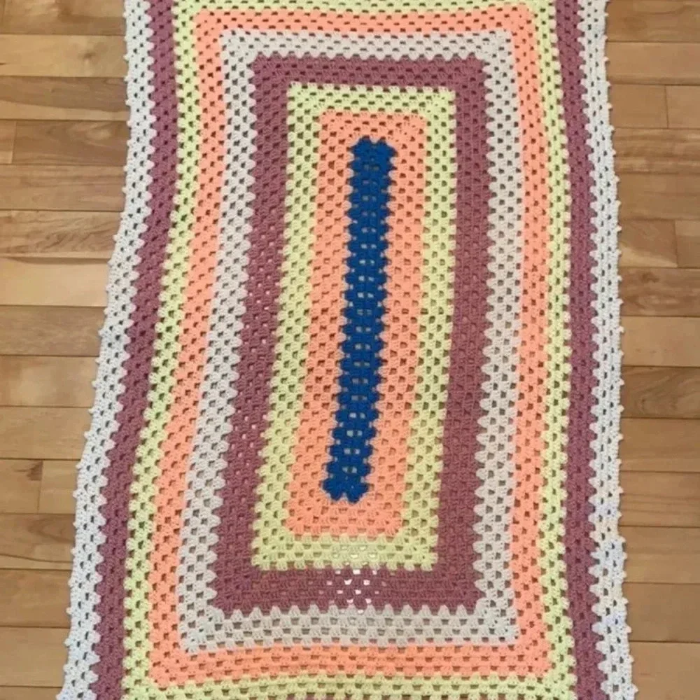 Handmade Crocheted Afghan Crib Or Lap Blanket 34x 58” Peach Purple Blue